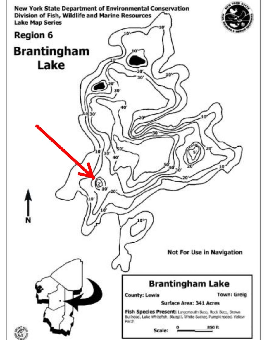 Top 10 adventure activities at Brantingham Lake, NY 5 Brantingham Depth chart sunken island