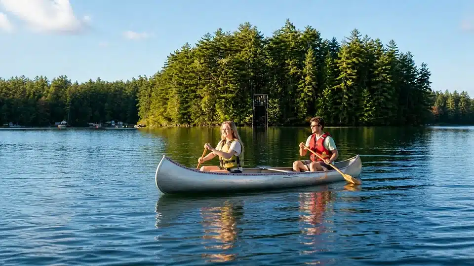 Canoe rental on Brantingham Lake during a Grant Island private island vacation