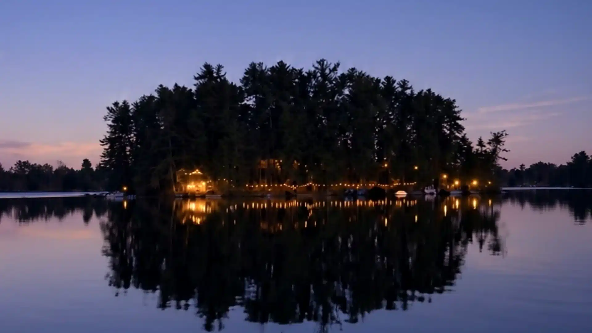Nighttime dock scene at Grant Island private island vacation in the Adirondacks