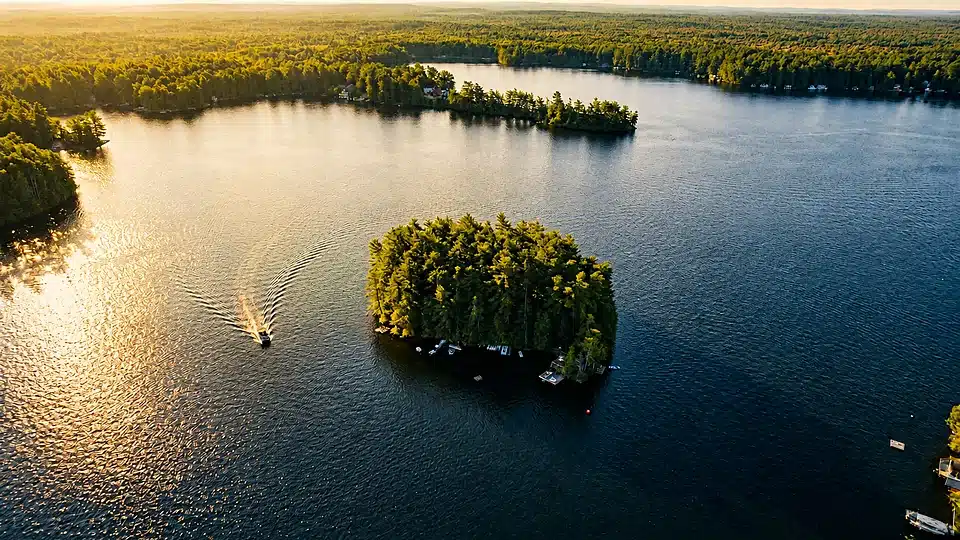 Aerial view of Grant Island private island vacation in the Adirondacks